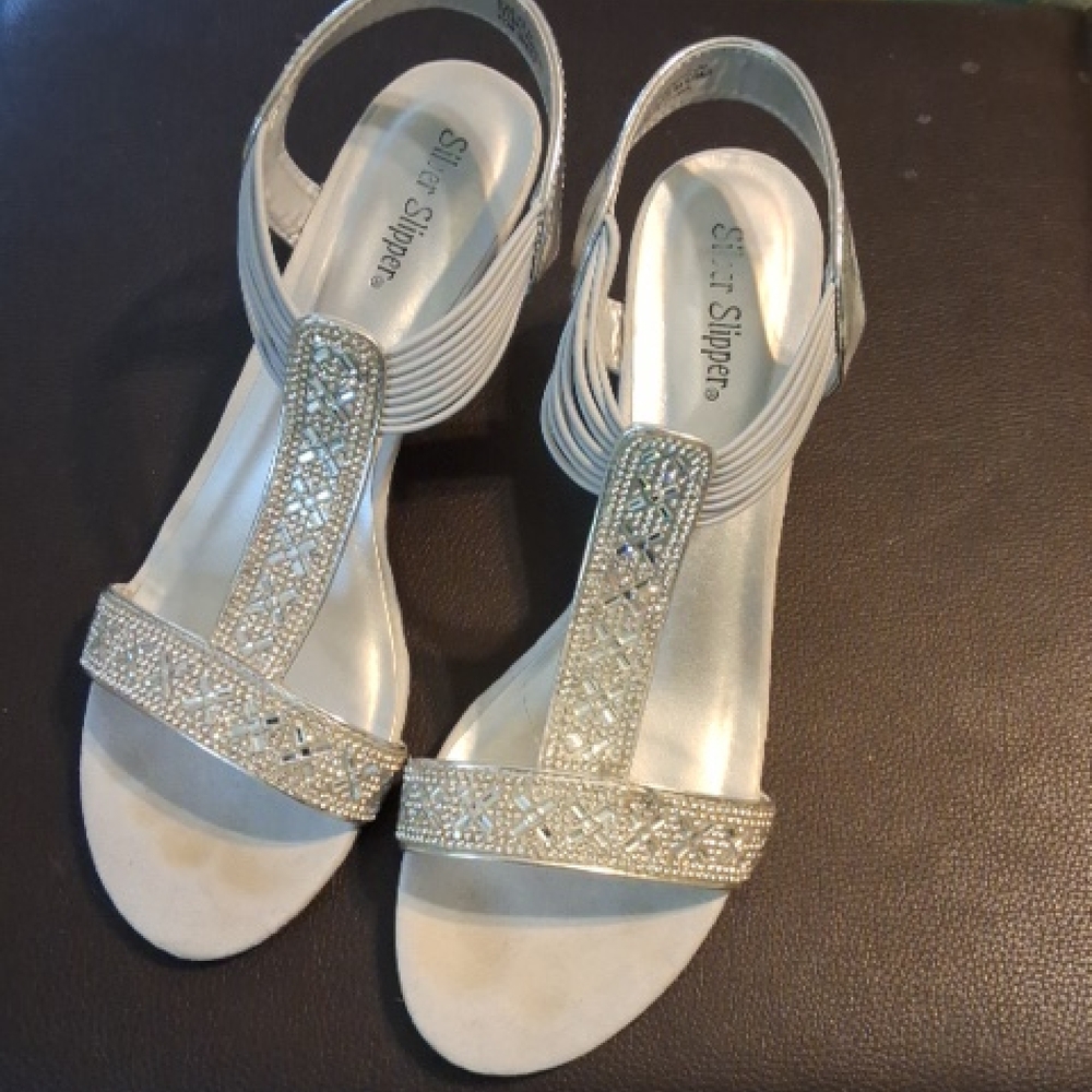 Silver T-Strap Sandals with Rhinestones